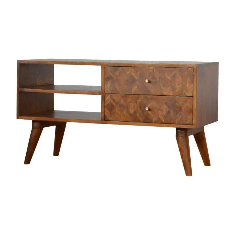 Zig - zag Parquet Pattern TV Stand in Chestnut - effect Mango Wood - Price Crash Furniture