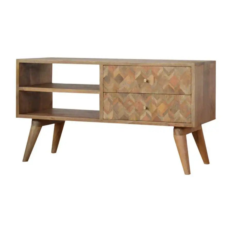 Zig - zag Parquet Pattern TV Stand in Oak - effect Mango Wood - Price Crash Furniture