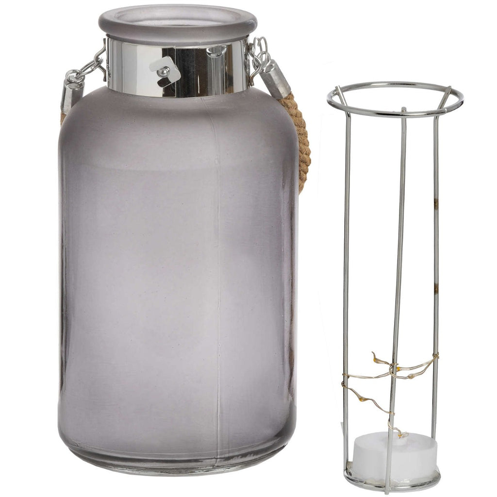 Frosted Grey Glass Lantern With Rope Detail And LED - Price Crash Furniture