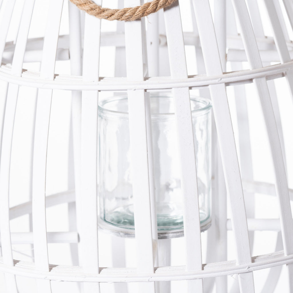 White Floor Standing Domed Wicker Lantern With Rope Detail - Price Crash Furniture