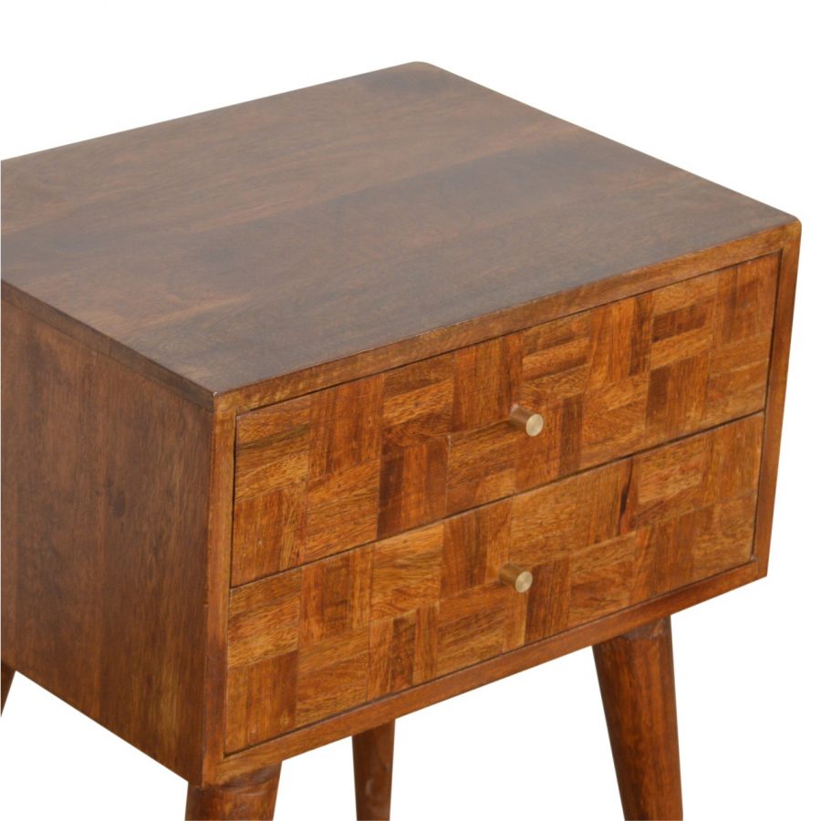 Patchwork Square Pattern 2 Drawer Bedside Table in Chestnut-effect Mango Wood - Price Crash Furniture