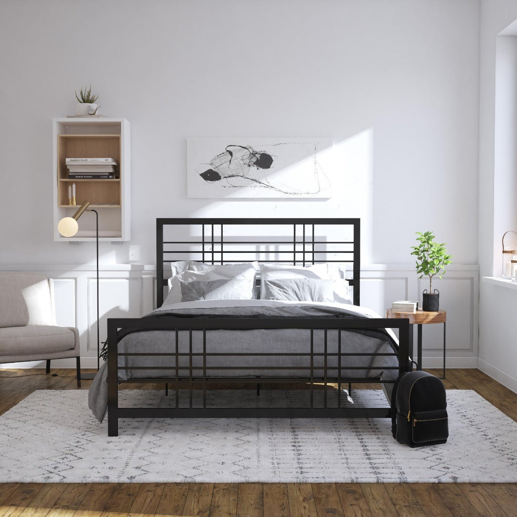In room, lifestyle view: Burbank Metal UK King Size Bed (USA Queen Size) in Black by Dorel at Price Crash Furniture