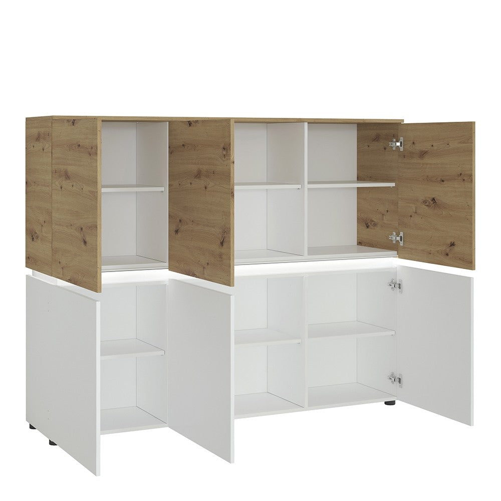 Luci 6 Door Tall Cabinet Sideboard (including LED lighting) in White and Oak - Price Crash Furniture