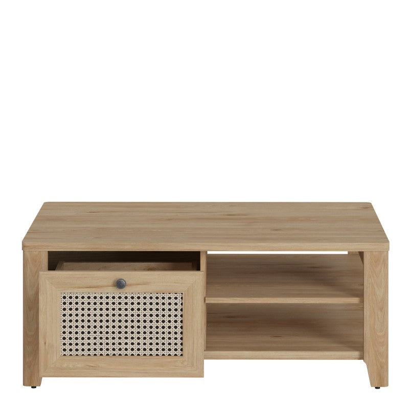 Cestino Coffee Table With 1 Drawer In Jackson Hickory Oak And Rattan Effect - Price Crash Furniture
