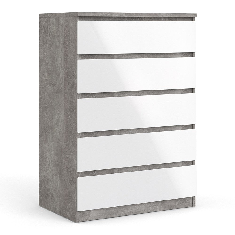 Naia Chest Of 5 Drawers in Concrete Grey and White High Gloss - Price Crash Furniture