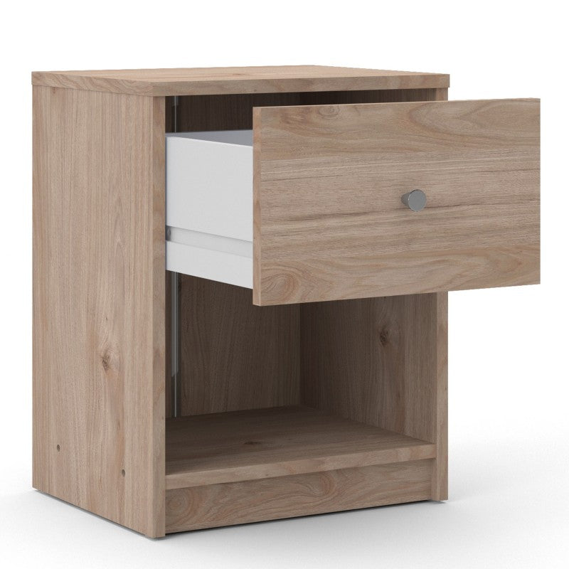 Open drawer, inside, interior layout, internal view: May Bedside Cabinet with 1 Drawer in Jackson Hickory Oak Effect at Price Crash Furniture. More colours available. Matching items available.