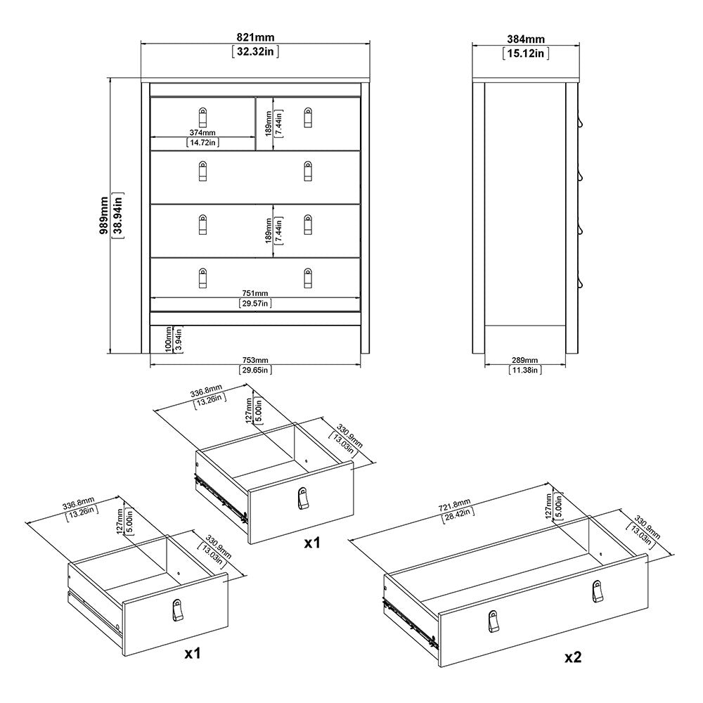Madrid Shaker Style (3+2) 5 Drawer Chest of Drawers Unit in Matt Black - Price Crash Furniture