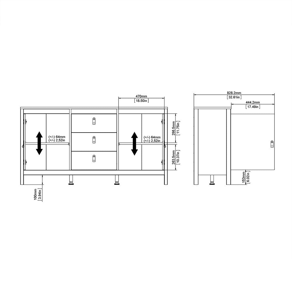 Madrid Large Wide Sideboard Buffet Unit 2 Doors + 3 Drawers in Matt Black - Price Crash Furniture
