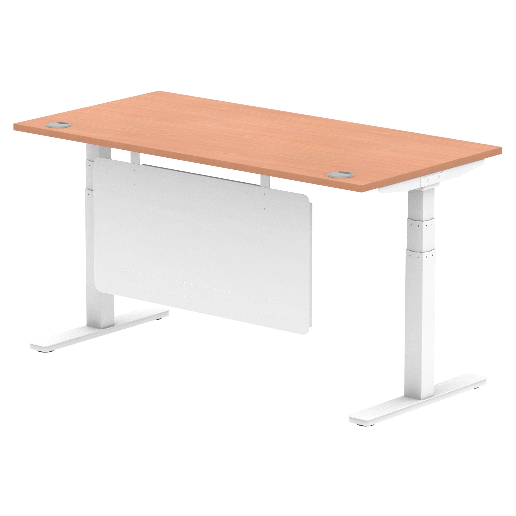 Air Modesty 800mm Height Adjustable Office Desk Beech Top Cable Ports White Leg With White Steel Modesty Panel - Price Crash Furniture