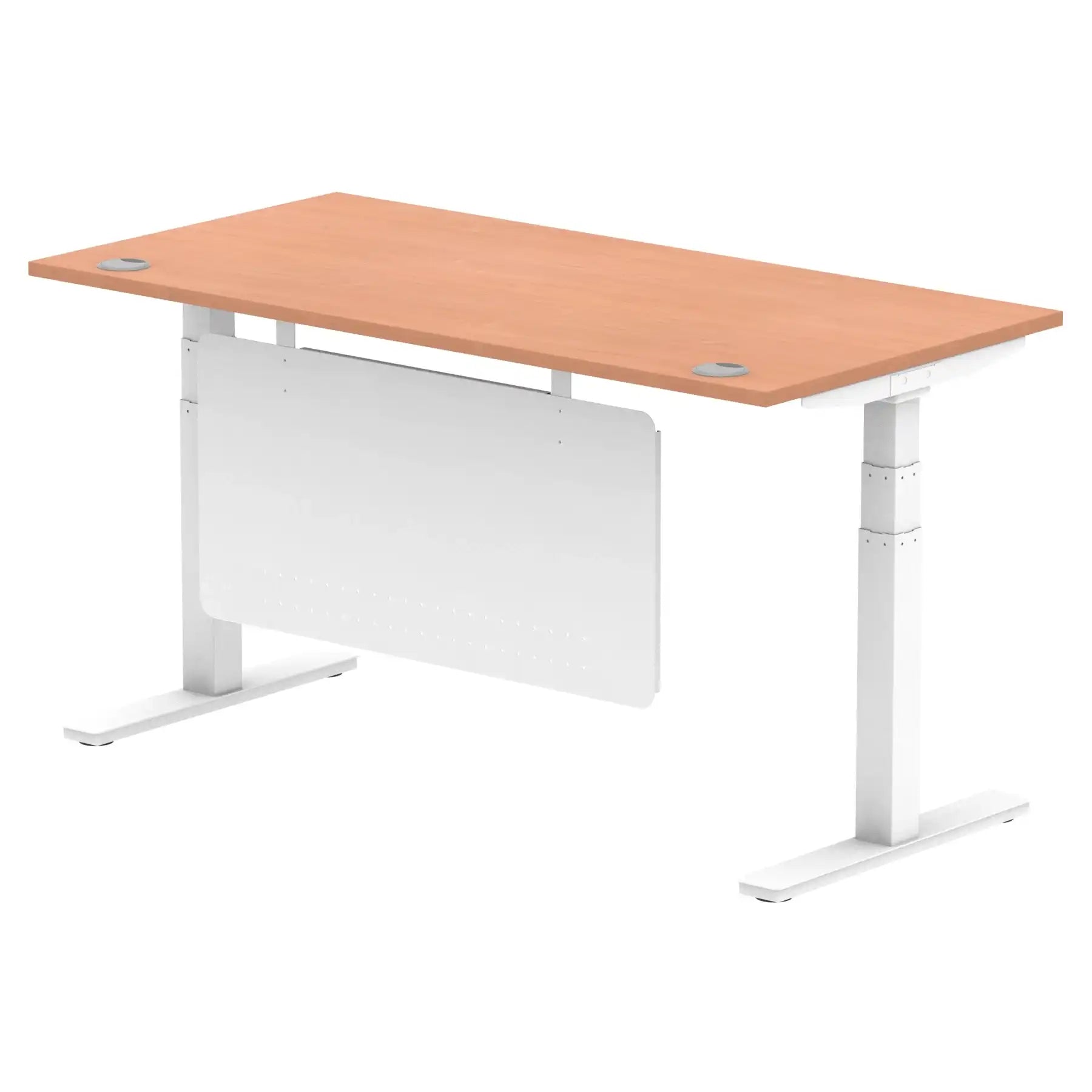Air Modesty 800mm Height Adjustable Office Desk Beech Top Cable Ports White Leg With White Steel Modesty Panel - Price Crash Furniture