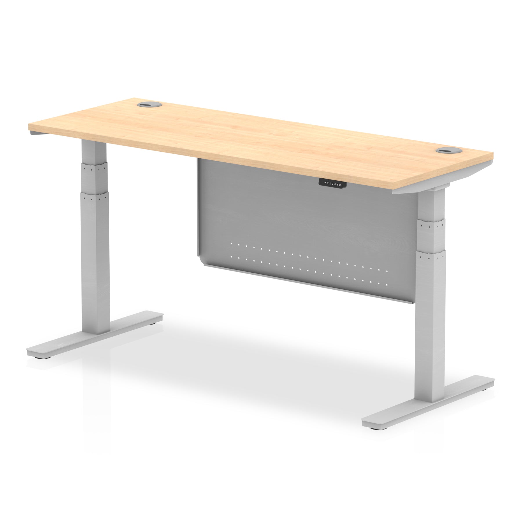 Air Modesty 600mm Height Adjustable Office Desk Maple Top Cable Ports Silver Leg With Silver Steel Modesty Panel - Price Crash Furniture