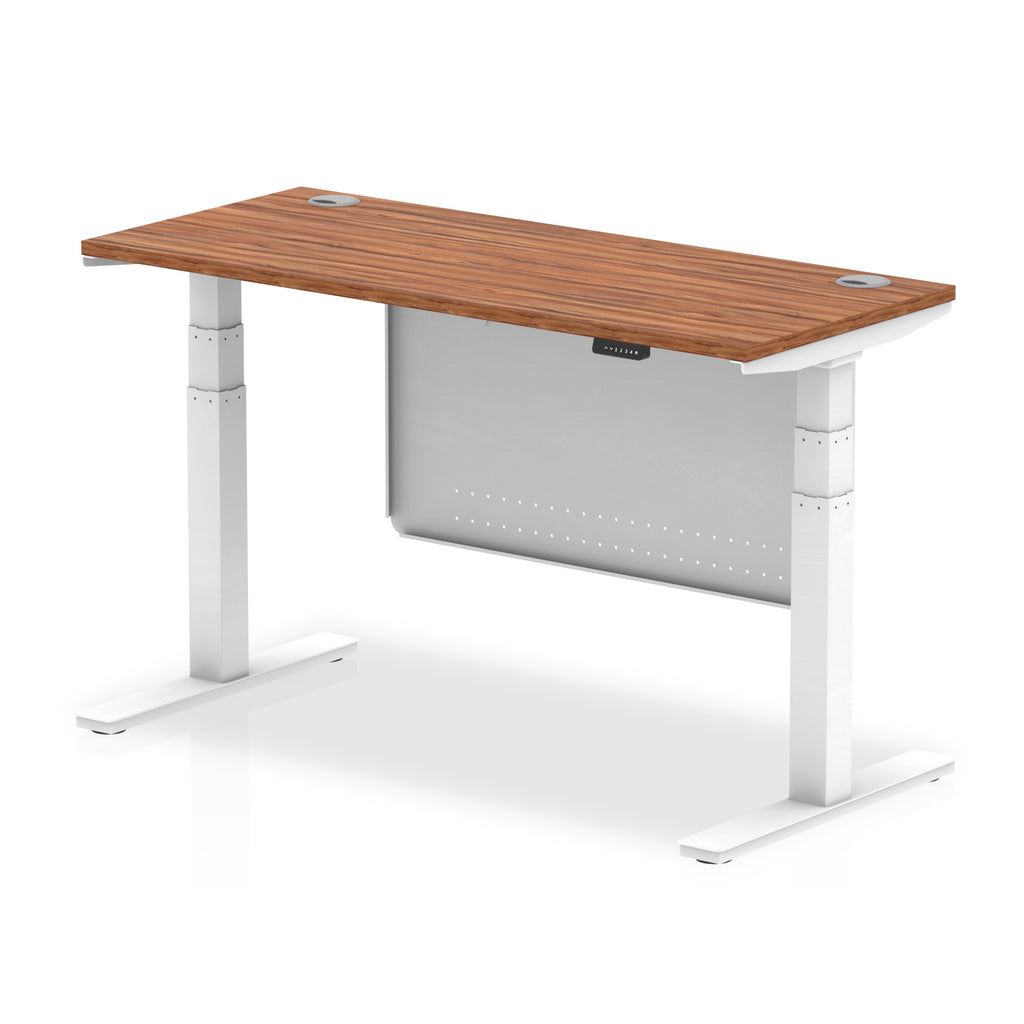 Air Modesty 600mm Height Adjustable Office Desk Walnut Top Cable Ports White Leg With White Steel Modesty Panel - Price Crash Furniture