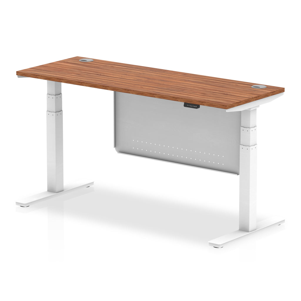 Air Modesty 600mm Height Adjustable Office Desk Walnut Top Cable Ports White Leg With White Steel Modesty Panel - Price Crash Furniture