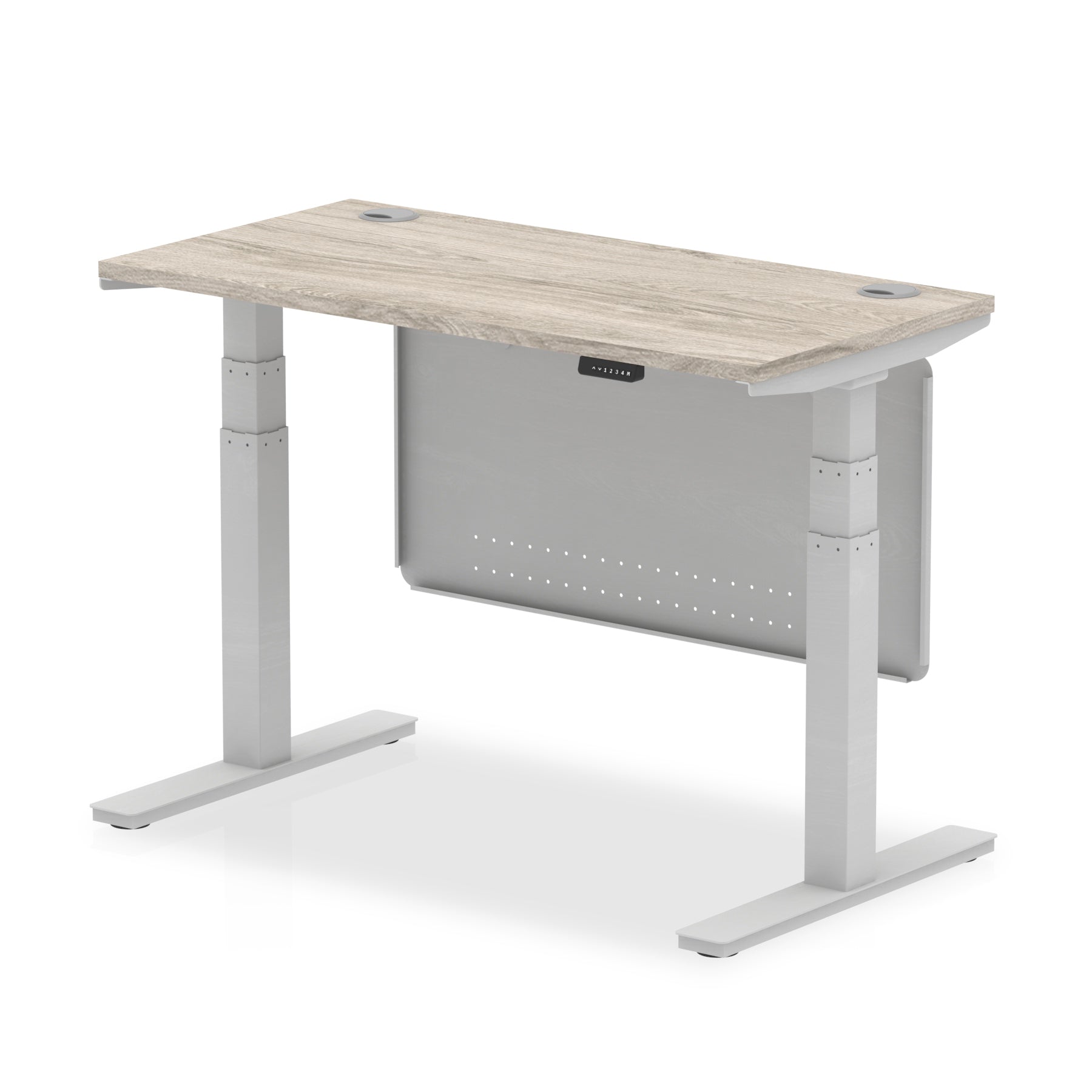 Air Modesty 600mm Height Adjustable Office Desk Grey Oak Top Cable Ports Silver Leg With Silver Steel Modesty Panel - Price Crash Furniture