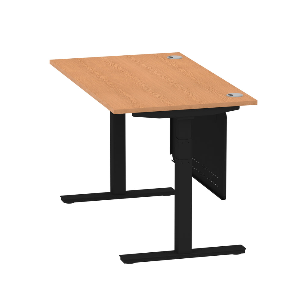 Air Modesty 800mm Height Adjustable Office Desk Oak Top Cable Ports Black Leg With Black Steel Modesty Panel - Price Crash Furniture