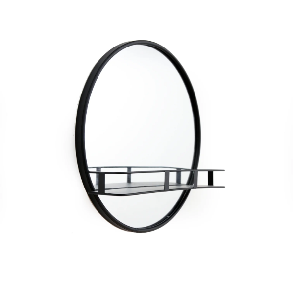 Circular Black Metal Framed Mirror With Shelf - Price Crash Furniture