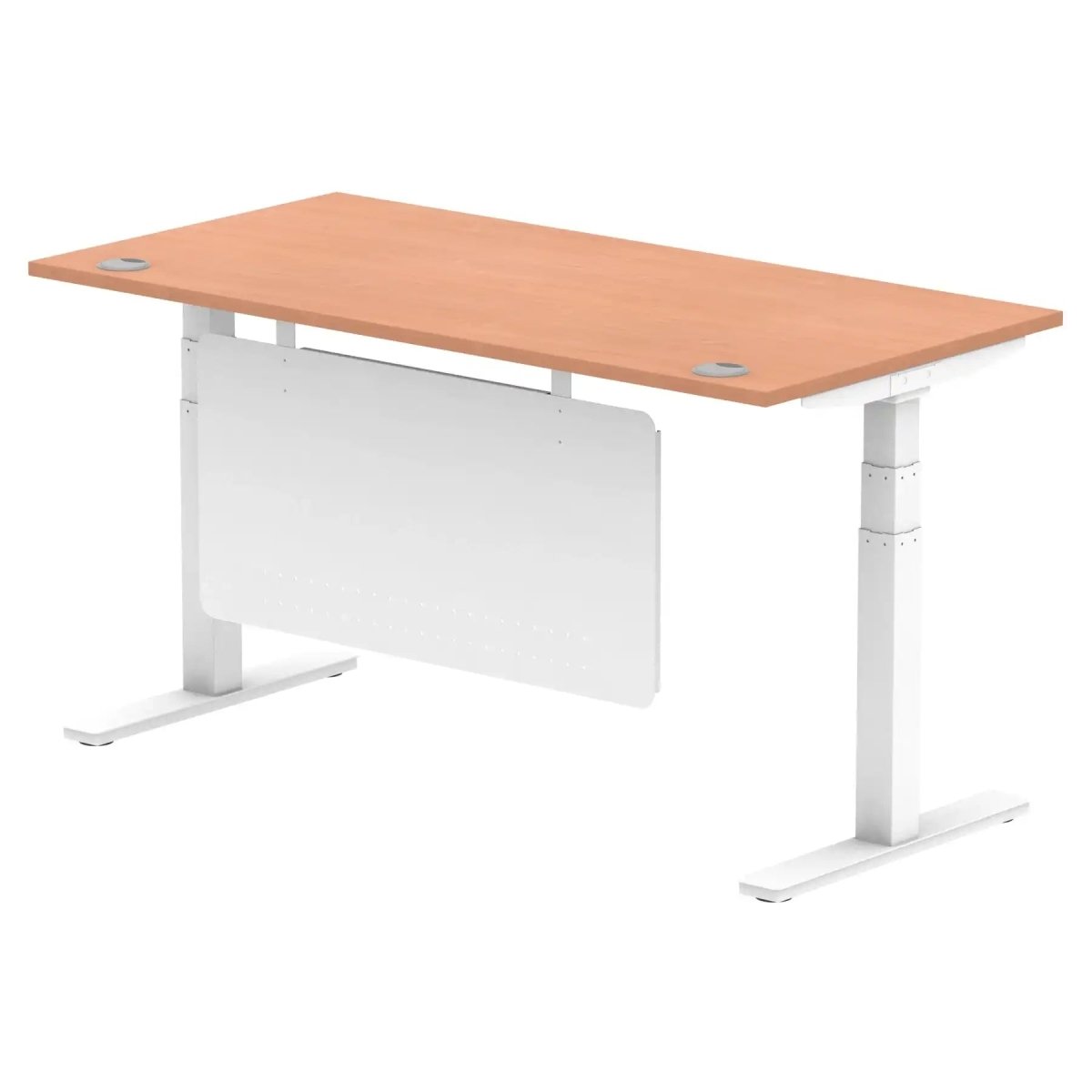 Air Modesty 800mm Height Adjustable Office Desk Beech Top Cable Ports White Leg With White Steel Modesty Panel - Price Crash Furniture