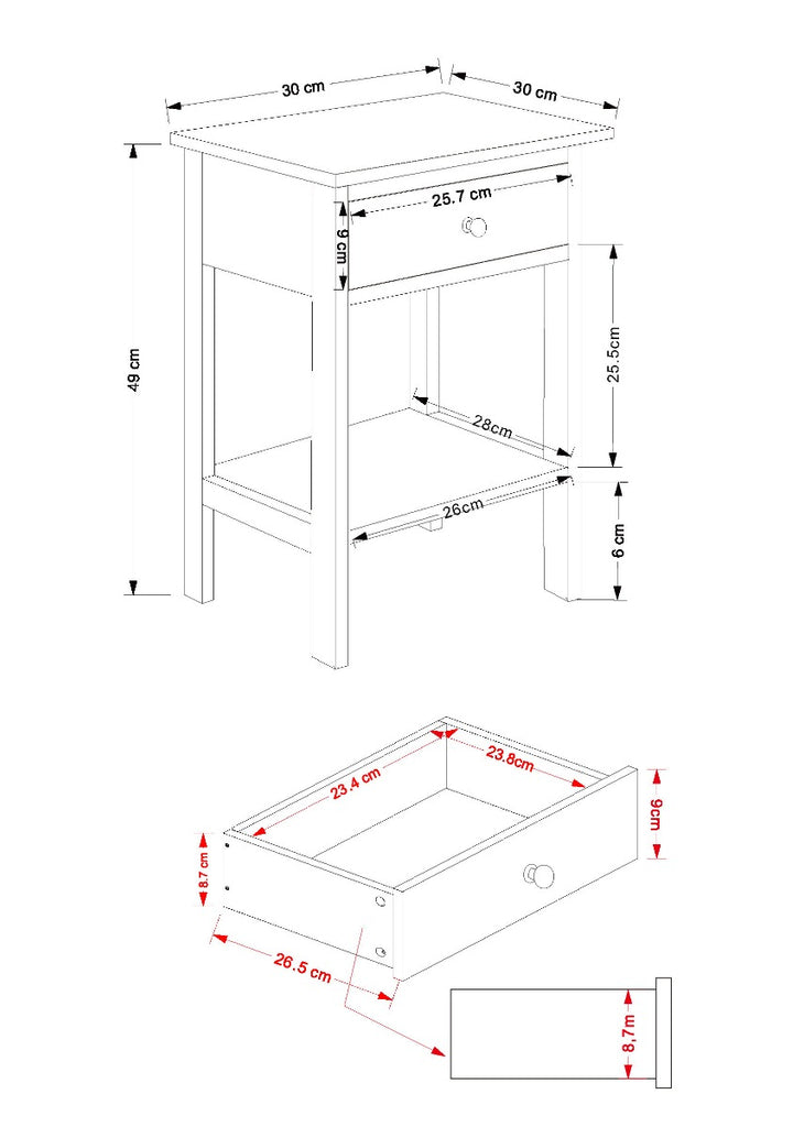 Options shaker 1 drawer petite bedside cabinet in Blue MDF with lower shelf - Price Crash Furniture