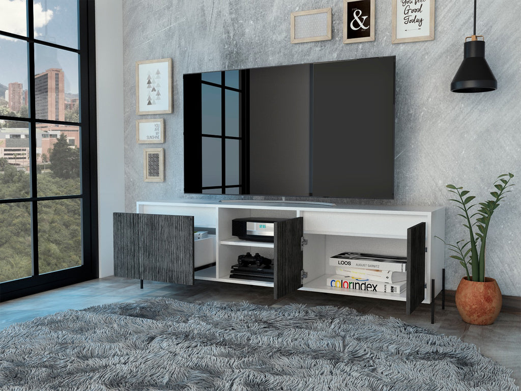 Core Dallas Ultrawide 4 Door TV Stand in White & Carbon Grey Oak Effect - Price Crash Furniture