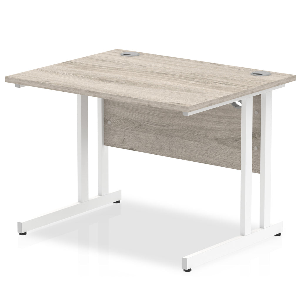 Impulse 800mm deep Straight Desk with Grey Oak Top and White Cantilever Leg - Price Crash Furniture