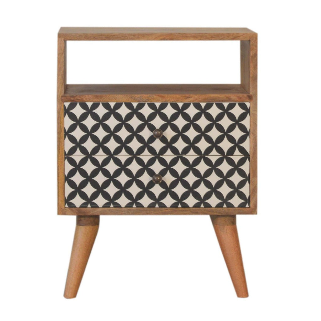 Diamond Screen Printed Bedside Table with Open Slot - Price Crash Furniture