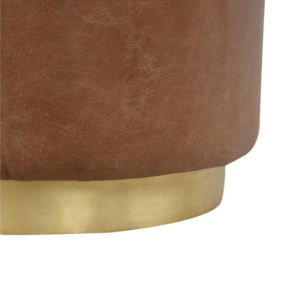 Round Brown Buffalo Leather Footstool With Gold Base - Price Crash Furniture
