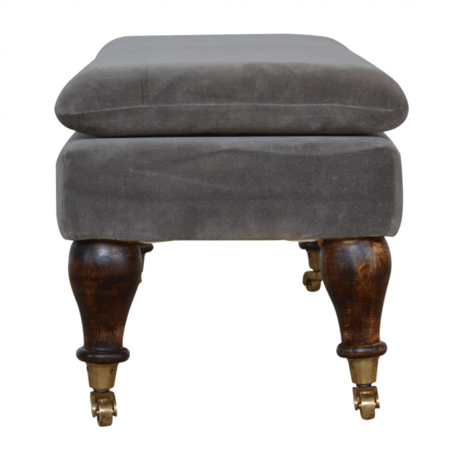 Velvet Bench with Castor Legs in Grey & Walnut-effect Mango Wood - Price Crash Furniture
