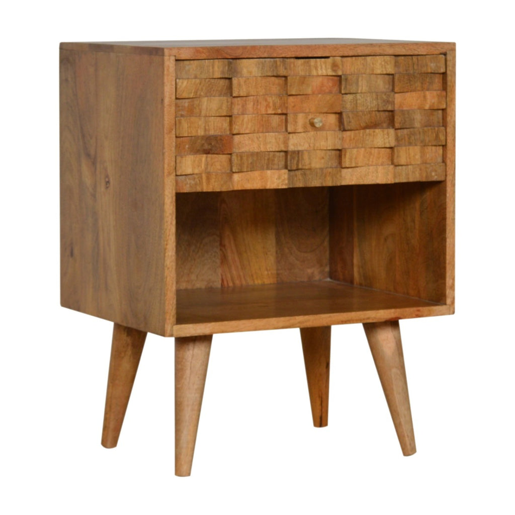 Tile Carved Bedside Table in Oak-effect Mango Wood - Price Crash Furniture
