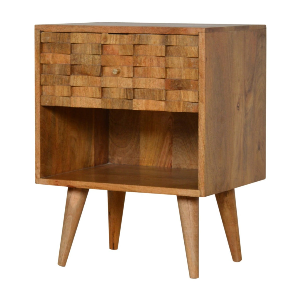 Tile Carved Bedside Table in Oak-effect Mango Wood - Price Crash Furniture