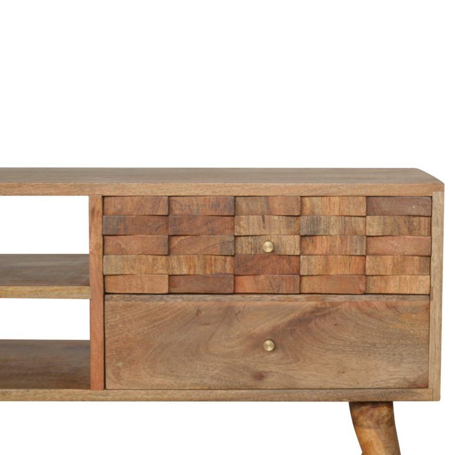 Tile Carved TV Stand in Oak-effect Mango Wood - Price Crash Furniture
