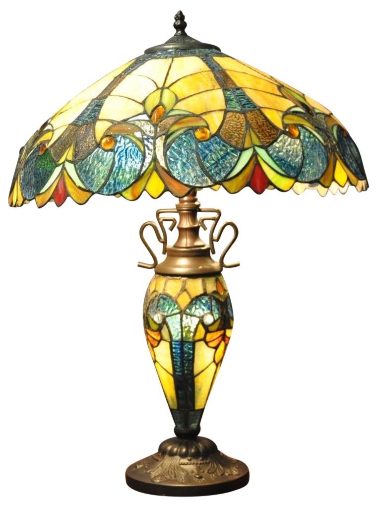 Double Tiffany Lamp 68cm in Blue & Yellow with Light-Up Base - Price Crash Furniture