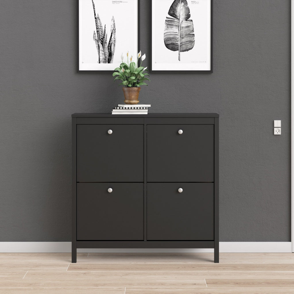 Madrid Shoe Cabinet Cupboard with 4 Storage Compartments in Black at Price Crash Furniture. Matching items available. Available in black or white.
