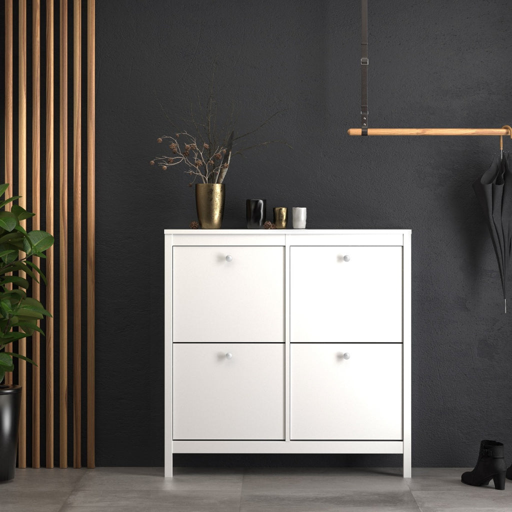 Madrid Shoe Cabinet Cupboard with 4 Storage Compartments in White at Price Crash Furniture. Matching items available. Available in black or white.