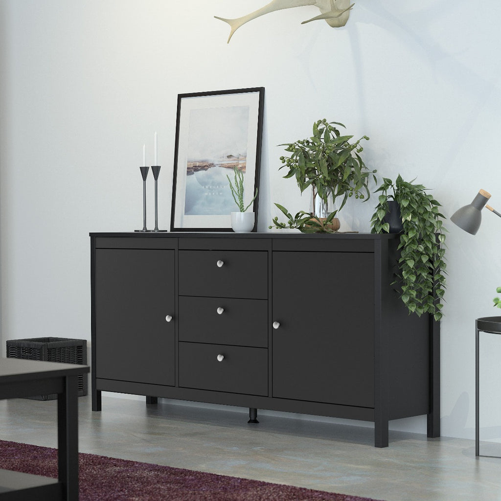 Madrid Large Wide Sideboard Buffet Unit 2 Doors + 3 Drawers in Matt Black at Price Crash Furniture. Matching items available. Available in black or white.