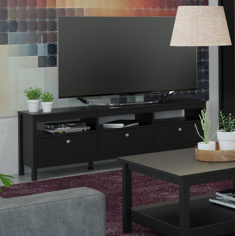 Madrid Large 3 Drawer Shaker Style TV Cabinet in Matt Black at Price Crash Furniture. Matching items available. Available in black or white.
