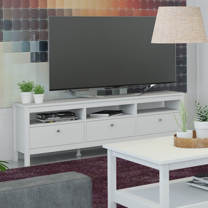 Madrid Large 3 Drawer Shaker Style TV Cabinet in White at Price Crash Furniture. Matching items available. Available in black or white.