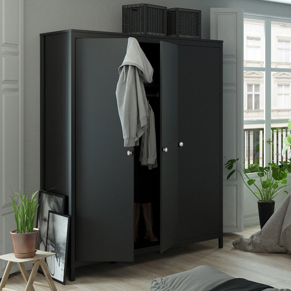 Madrid Tall Wide Wardrobe with 3 Doors in Matt Black - Price Crash Furniture