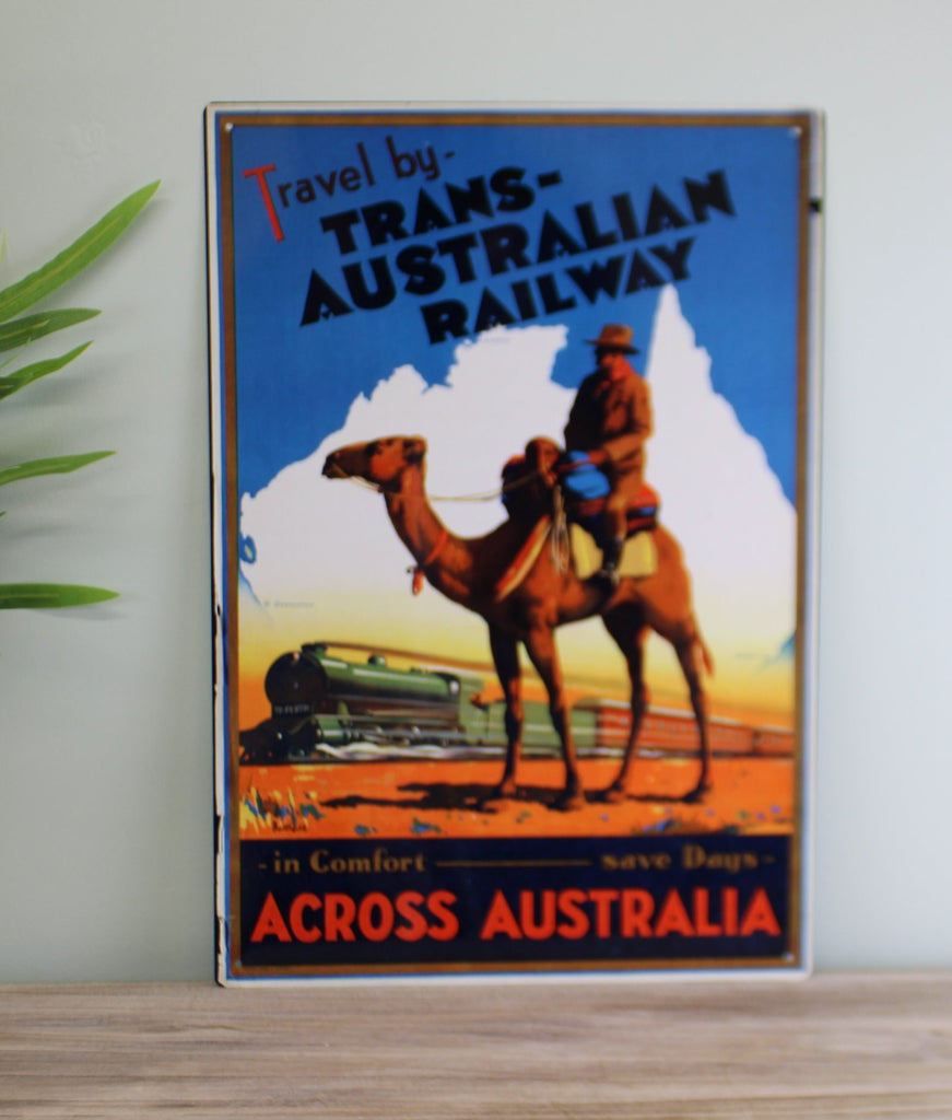 Vintage Metal Sign - Retro Advertising - Trans Australian Railway - Price Crash Furniture