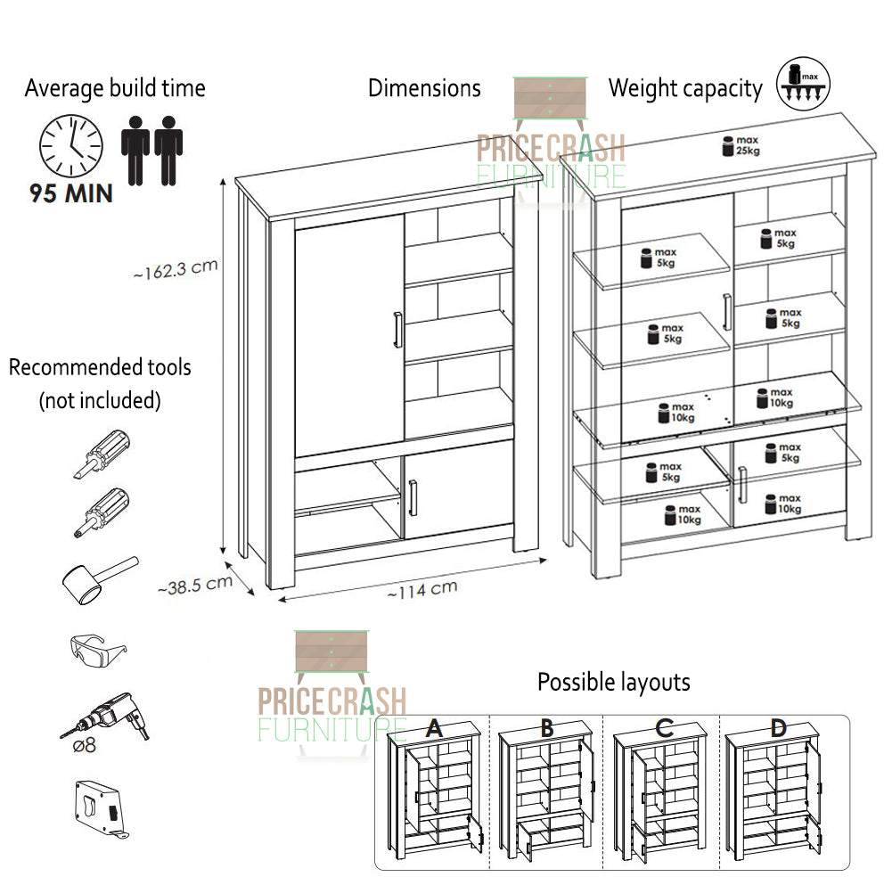 Rapallo 2 Door 5 Shelves Cabinet in Chestnut and Matera Grey - Price Crash Furniture