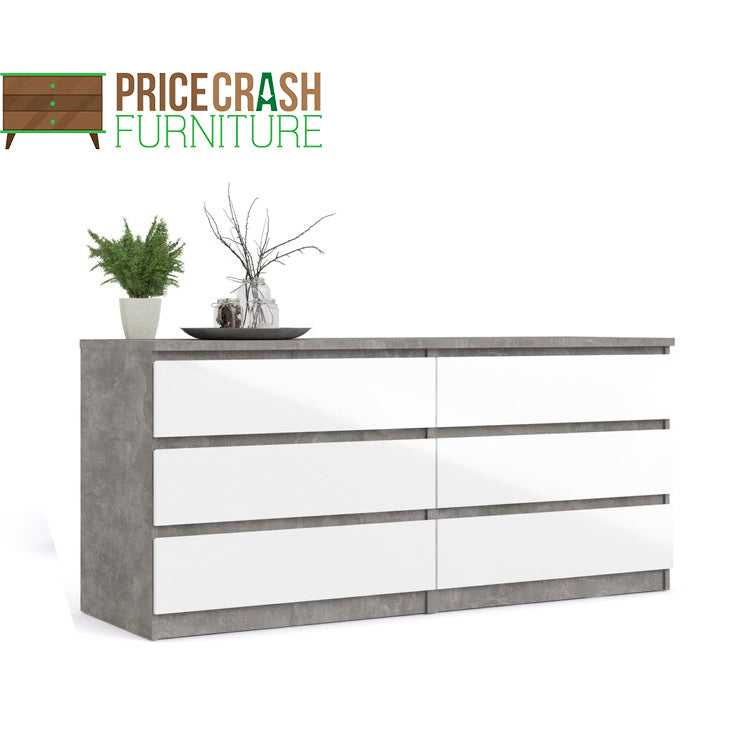 Naia Wide Chest Of 6 Drawers (3+3) in Concrete Grey and White High Gloss - Price Crash Furniture