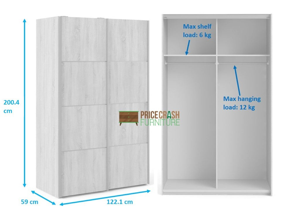 Verona Sliding Wardrobe 120cm in Oak with White Doors with 2 Shelves - Price Crash Furniture