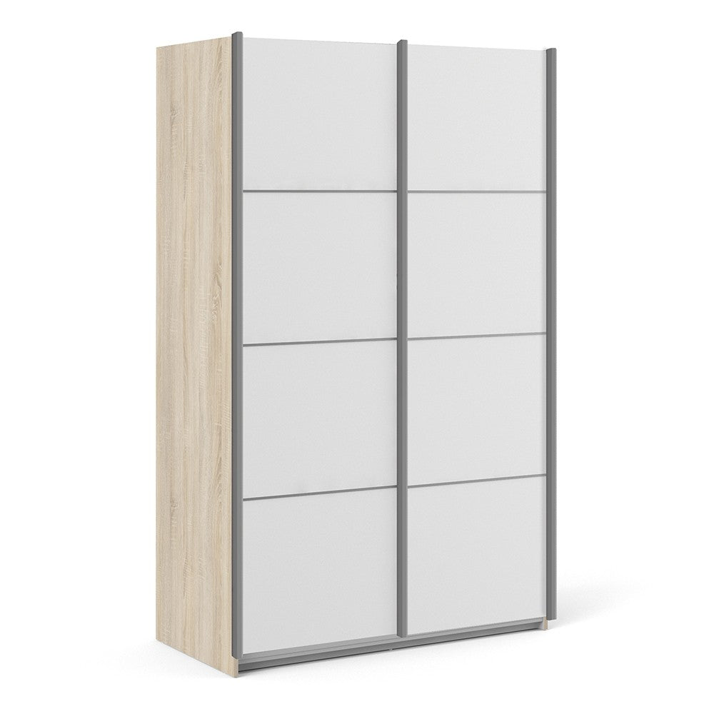 Verona Sliding Wardrobe 120cm in Oak with White Doors with 5 Shelves - Price Crash Furniture
