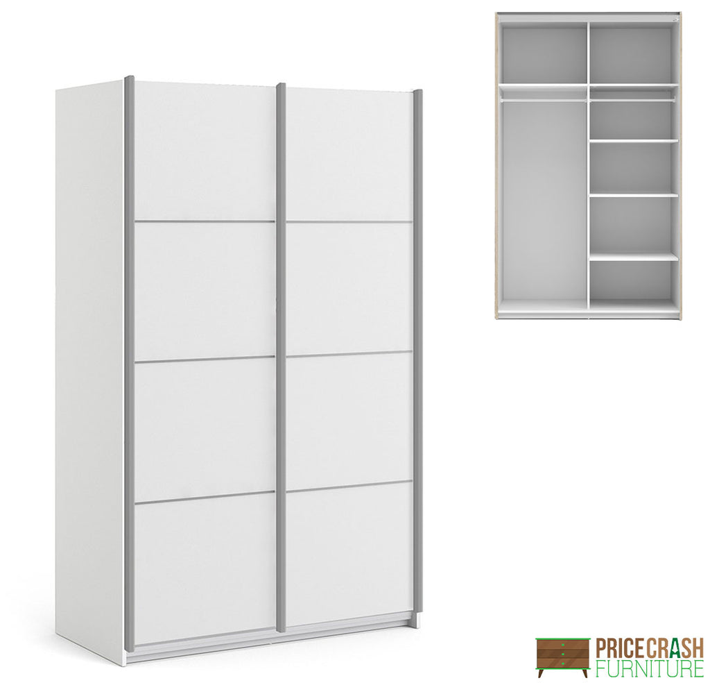 Verona Sliding Wardrobe 120cm in White with White Doors with 5 Shelves - Price Crash Furniture