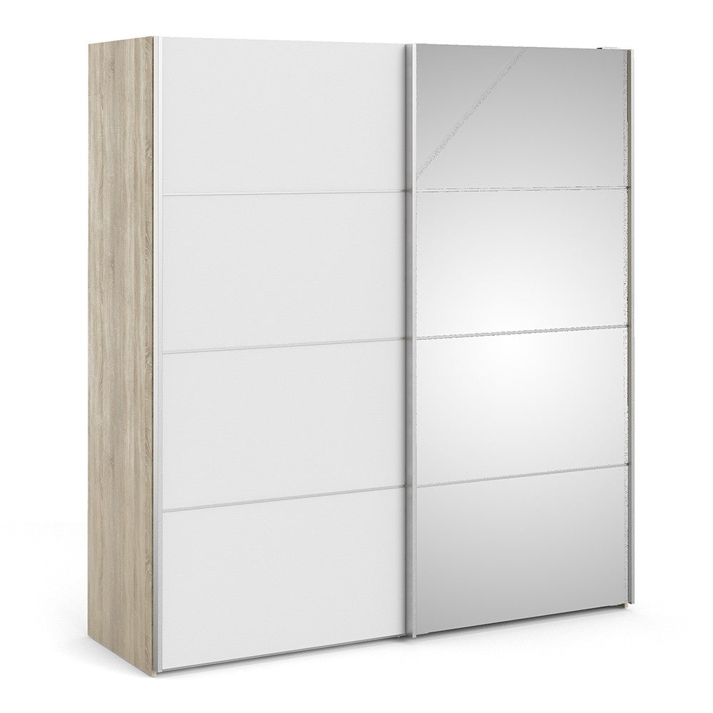 Verona Sliding Wardrobe 180cm in Oak with White and Mirror Doors with 2 Shelves - Price Crash Furniture