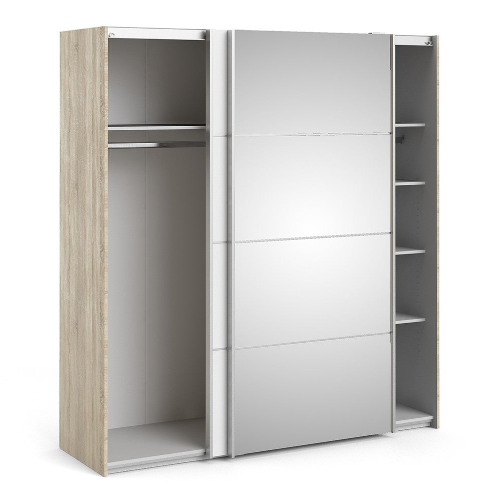 Verona Sliding Wardrobe 180cm in Oak with White and Mirror Doors with 5 Shelves - Price Crash Furniture