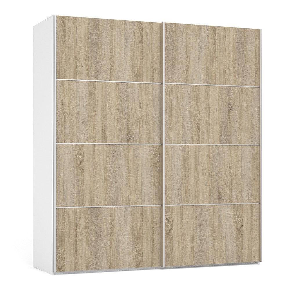 Verona Sliding Wardrobe 180cm in White with Oak Doors with 5 Shelves - Price Crash Furniture