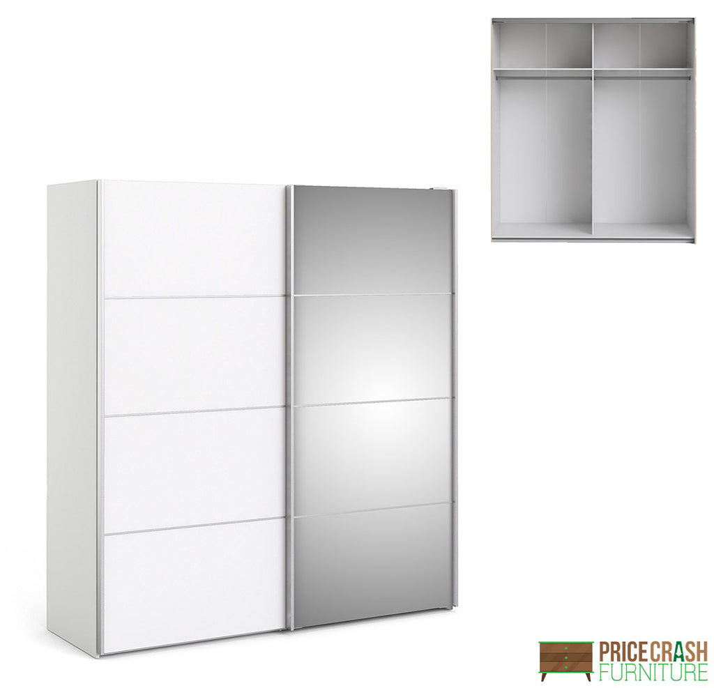 Verona Sliding Wardrobe 180cm in White with White and Mirror Doors with 2 Shelves at Price Crash Furniture. Other sizes and colours also available