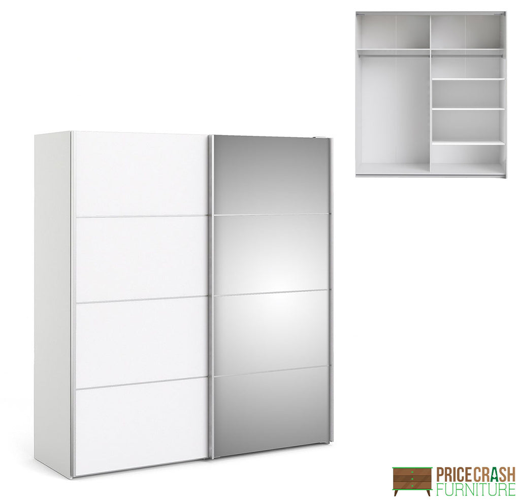 Verona Sliding Wardrobe 180cm in White with White and Mirror Doors with 5 Shelves at Price Crash Furniture. Other sizes and colours also available