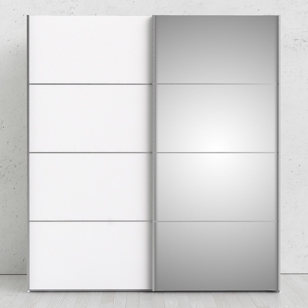 Verona Sliding Wardrobe 180cm in White with White and Mirror Doors with 5 Shelves - Price Crash Furniture