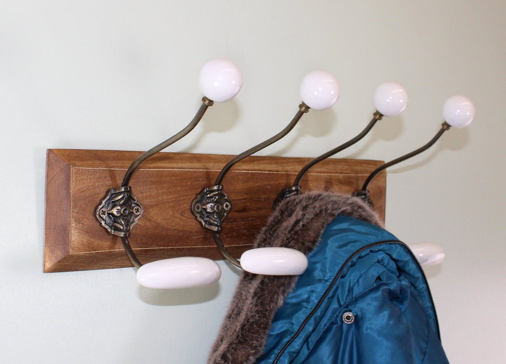 4 Double White Ceramic Coat Hooks On Wooden Base - Price Crash Furniture